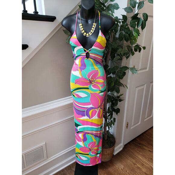 Spring Haze Long Maxi Dress Women's S Multicolor Floral Cutout Open Back V Neck - Picture 11 of 11